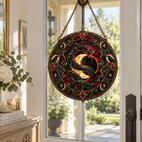 Coiled Under the Crescent - Serpent and Raven Round Window Hanging - main