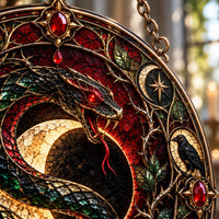 Coiled Under the Crescent - Serpent and Raven Round Window Hanging - main