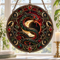 Coiled Under the Crescent - Serpent and Raven Round Window Hanging - main