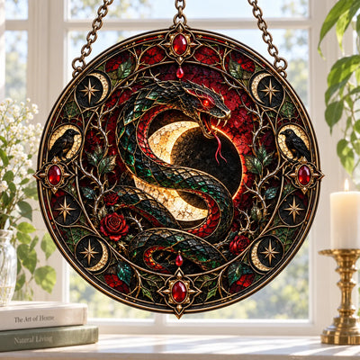 Coiled Under the Crescent - Serpent and Raven Round Window Hanging